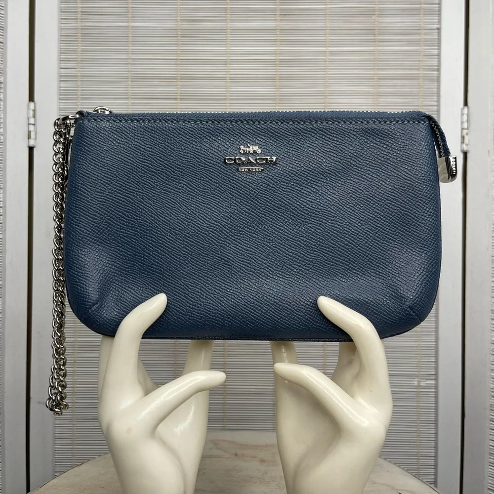 Coach Blue Crossgrain Leather Chain Wristlet Clutch Silver Hardware NWT